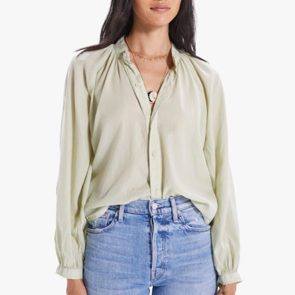 MOTHER Pale Sage Green Button-Front Peasant Blouse, size M